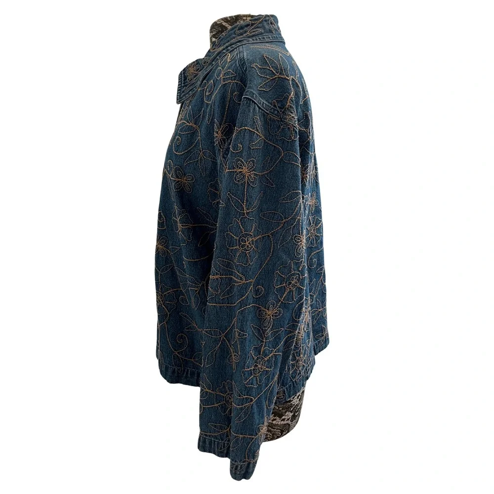 Vintage 90s Embroidered Denim Jacket L 100% Cotton Floral Western Granny‎ Artsy
